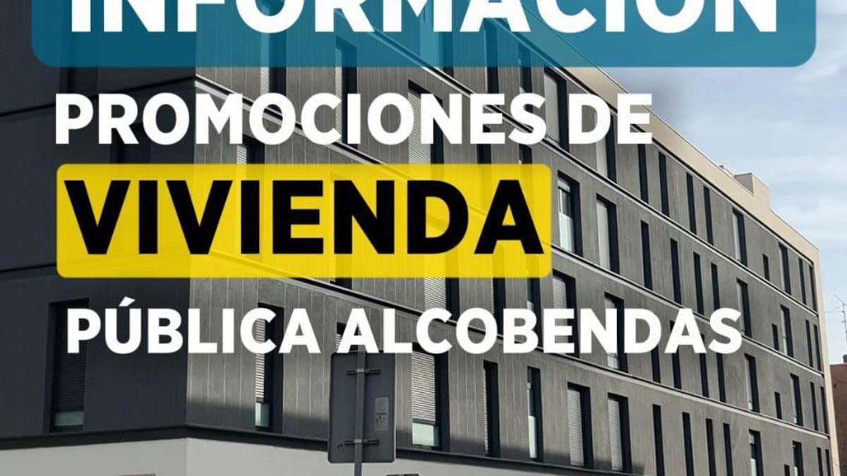 Cartel informativo sobre promociones de vivienda pública en Alcobendas con datos de acceso al registro de solicitantes