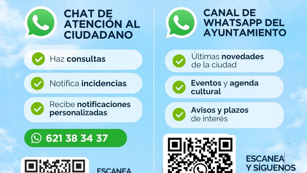 Campaña de promoción de los canales de WhatsApp del Ayuntamiento de Alcobendas con códigos QR para acceder al chat de atención al ciudadano y al canal de noticias municipales