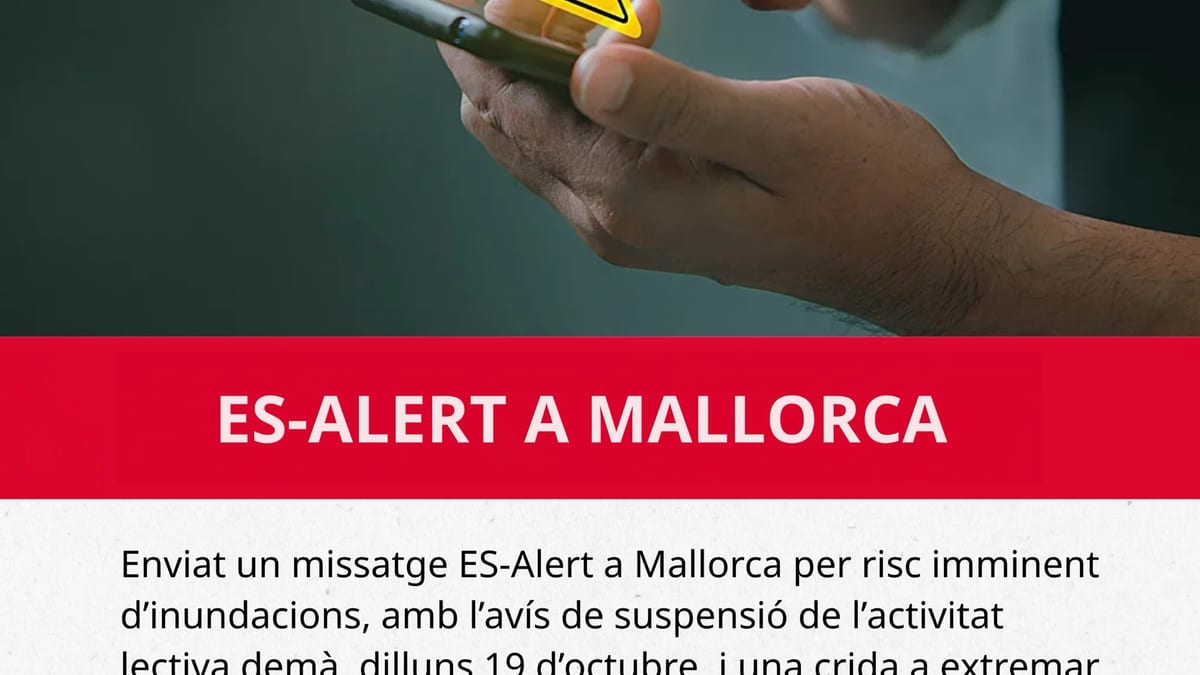 Cartel de alerta ES-Alert de la Generalitat de Islas Baleares sobre riesgo inminent de inundaciones en Mallorca