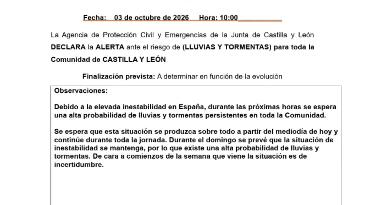 Notificación oficial de alerta por lluvias y tormentas de la Agencia de Protección Civil y Emergencias de Castilla y León