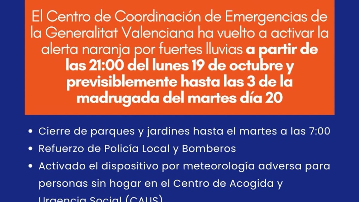 Cartel de alerta naranja por lluvias fuertes en Alicante del 19 de octubre. Información de horarios y medidas preventivas del Ayuntamiento