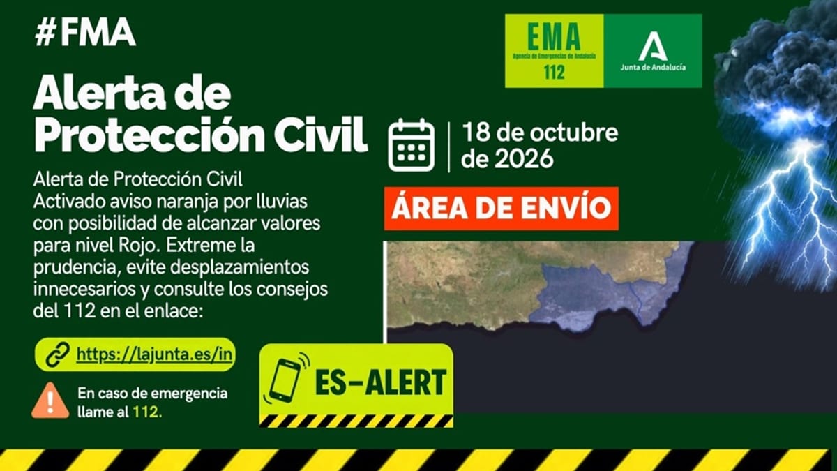 Aviso ES-Alert de Protección Civil de la Junta de Andalucía por lluvias intensas en Almería