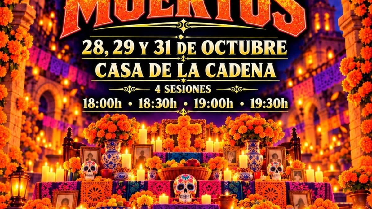Cartel de la Visita al Altar de Muertos en Pinto. Cuatro sesiones diarias del 28 al 31 de octubre en la Casa de la Cadena. Homenaje a la artesanía mexicana y española. Actividad gratuita.