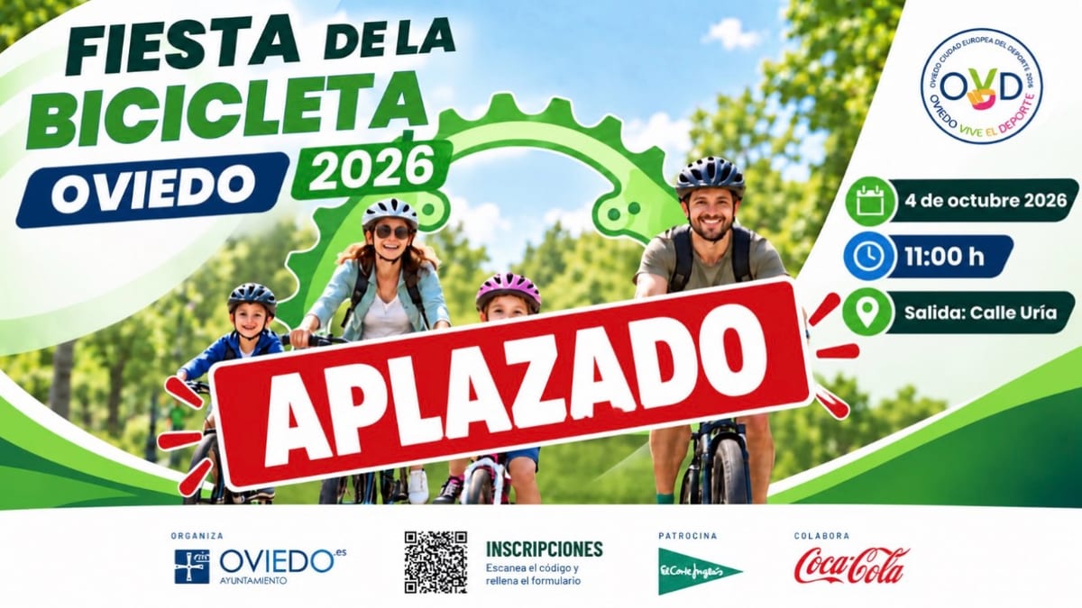 Cartel de la Fiesta de la Bicicleta de Oviedo 2026 con aviso de aplazamiento