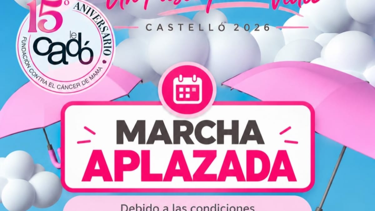 Cartel de la XII Marcha contra el Cáncer de Mama 2026 de Castellón, anunciando el aplazamiento del evento por condiciones meteorológicas adversas