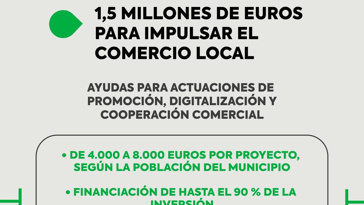 Cartel de la Junta de Extremadura sobre convocatoria de 1,5 millones de euros para comercio local con detalles de las ayudas
