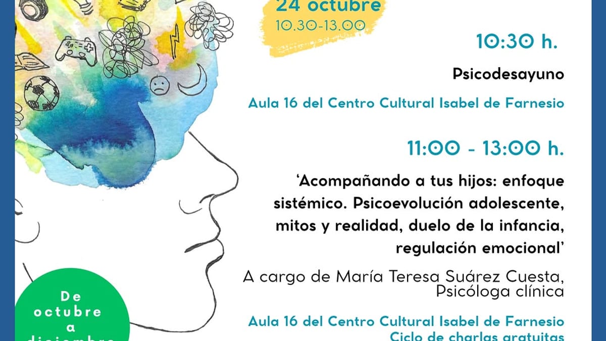 Cartel de la charla psicoeducativa para familias de Aranjuez del 24 de octubre sobre acompañamiento a adolescentes