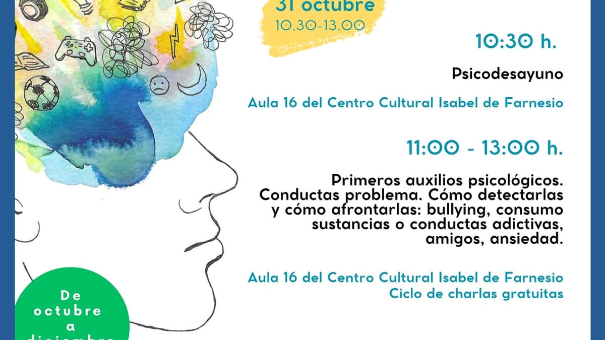 Cartel de la charla psicoeducativa del Ayuntamiento de Aranjuez del 31 de octubre con información sobre primeros auxilios psicológicos