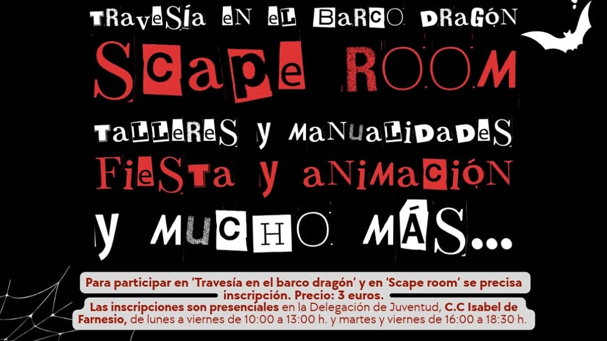 Cartel de Halloween en el Tajo de Aranjuez con actividades de barco dragón, scape room, talleres y animación el 31 de octubre