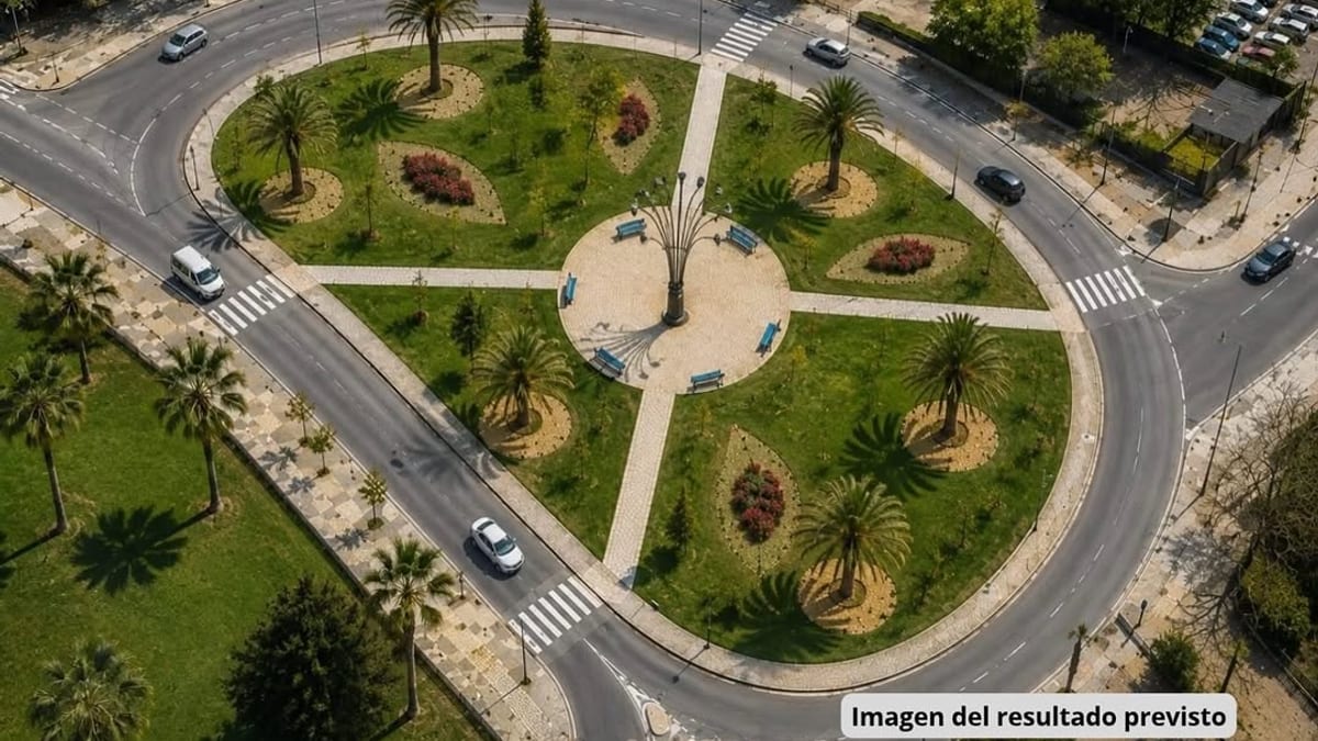 Renderización del proyecto de adecuación de la glorieta de la Plaza de la UNESCO en Aranjuez con revegetación y recuperación de fuente