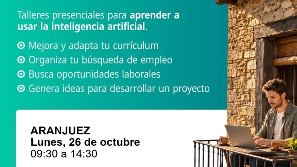 Cartel del taller presencial de inteligencia artificial y orientación laboral en Aranjuez el 26 de octubre