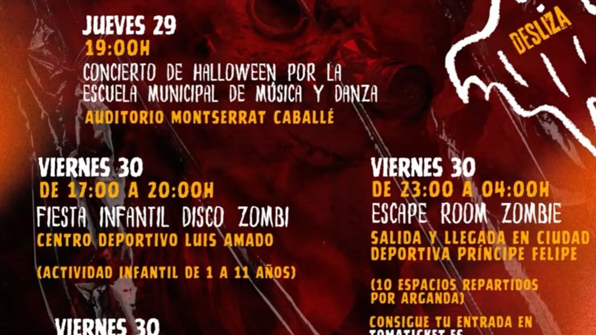 Cartel de Arganda de Miedo 2024 con actividades de Halloween: pasaje del terror, escape room zombie y disco zombi