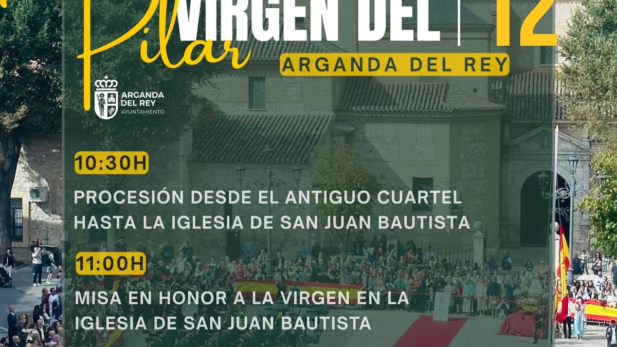 Cartel informativo de la festividad de la Virgen del Pilar en Arganda del Rey, 12 de octubre, con horarios de procesión, misa y acto de la Guardia Civil