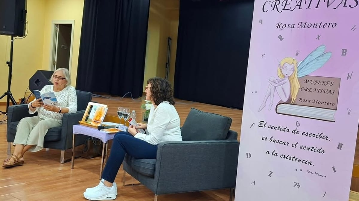Cartel del evento de la Asociación de Mujeres Creativas Rosa Montero dedicado a la poesía de Lola Pinès, con cita de Rosa Montero: El sentido de escribir es buscar el sentido a la existencia