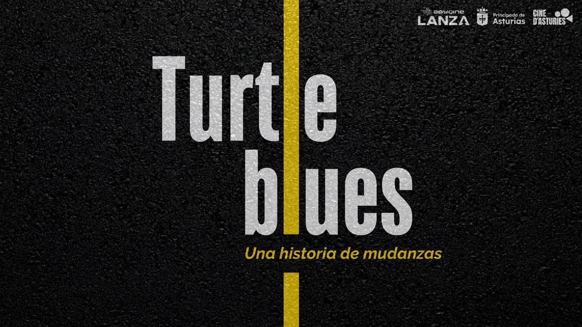 Cartel promocional de 'Turtle Blues', proyecto audiovisual asturiano presentado en el Festival Internacional de Cine de Albacete, con logos de LANZA, Principado de Asturias y Cine d'Asturias