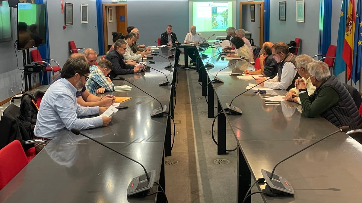 Reunión del Consejo de Pesca del Gobierno de Asturias en sala de conferencias con representantes del sector