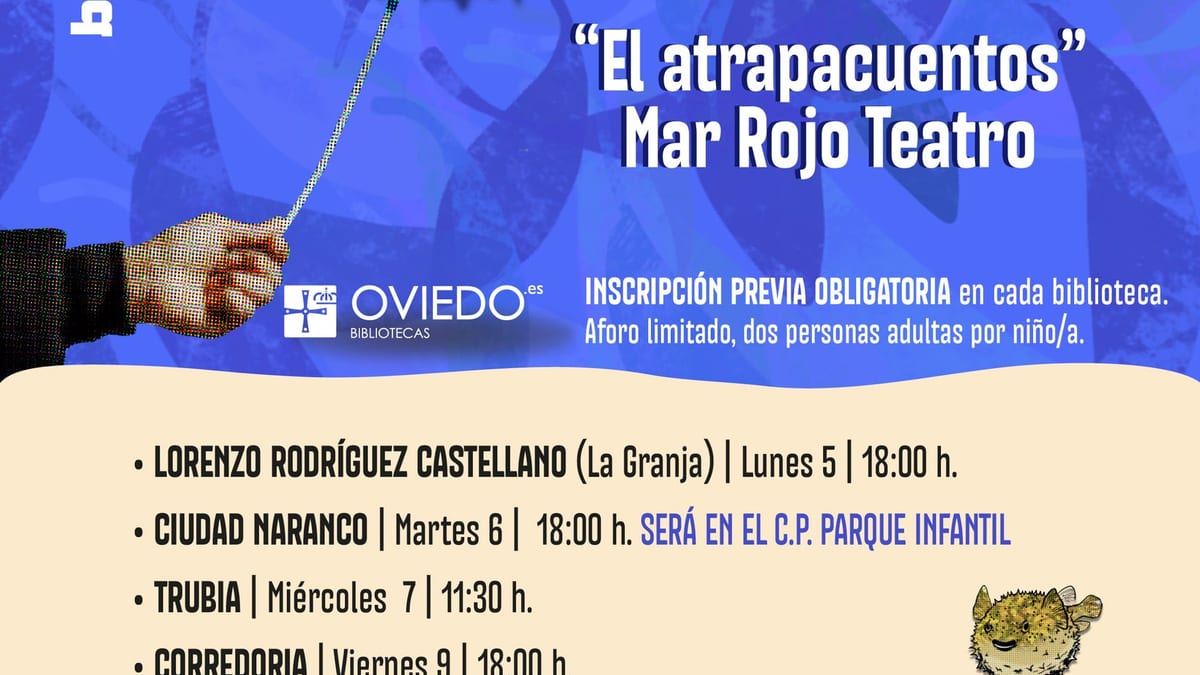 Cartel de 'El atrapacuentos' con el programa de octubre de cuentacuentos en bibliotecas de Oviedo