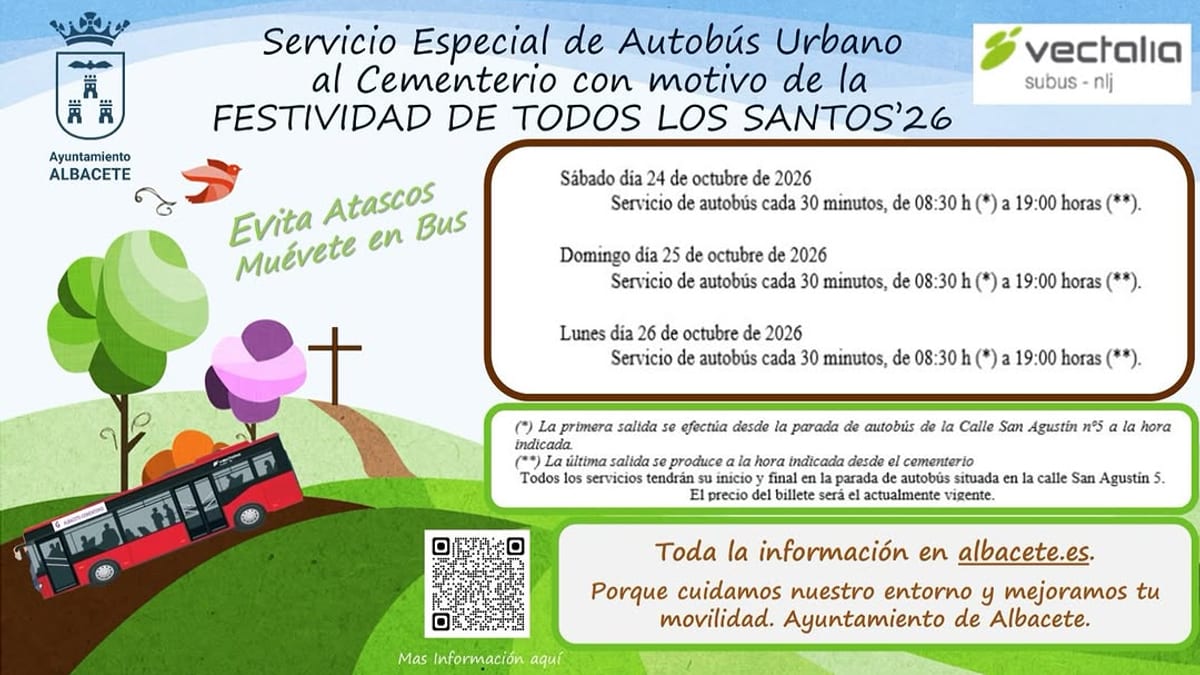 Cartel del Ayuntamiento de Albacete sobre el servicio especial de autobús urbano al cementerio con motivo de Todos los Santos 2026