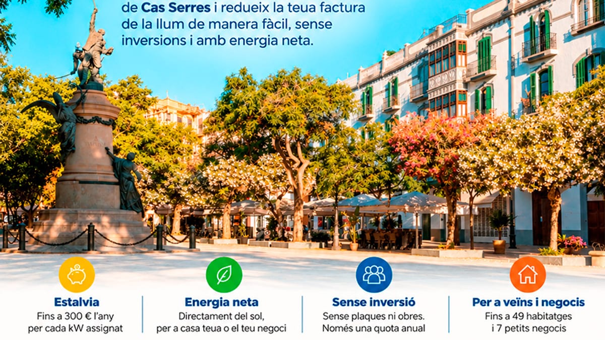 Cartel informativo sobre el autoconsumo solar compartido de Cas Serres en Eivissa con eslogan 'La energía del sol, también es tuya'