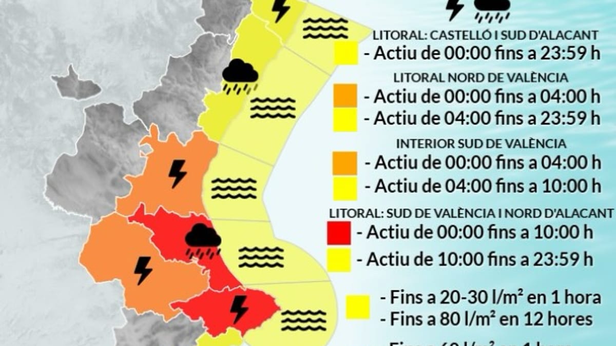 Mapa de avisos por lluvias y tormentas de la AEMET para el lunes 19 de octubre en la Comunidad Valenciana