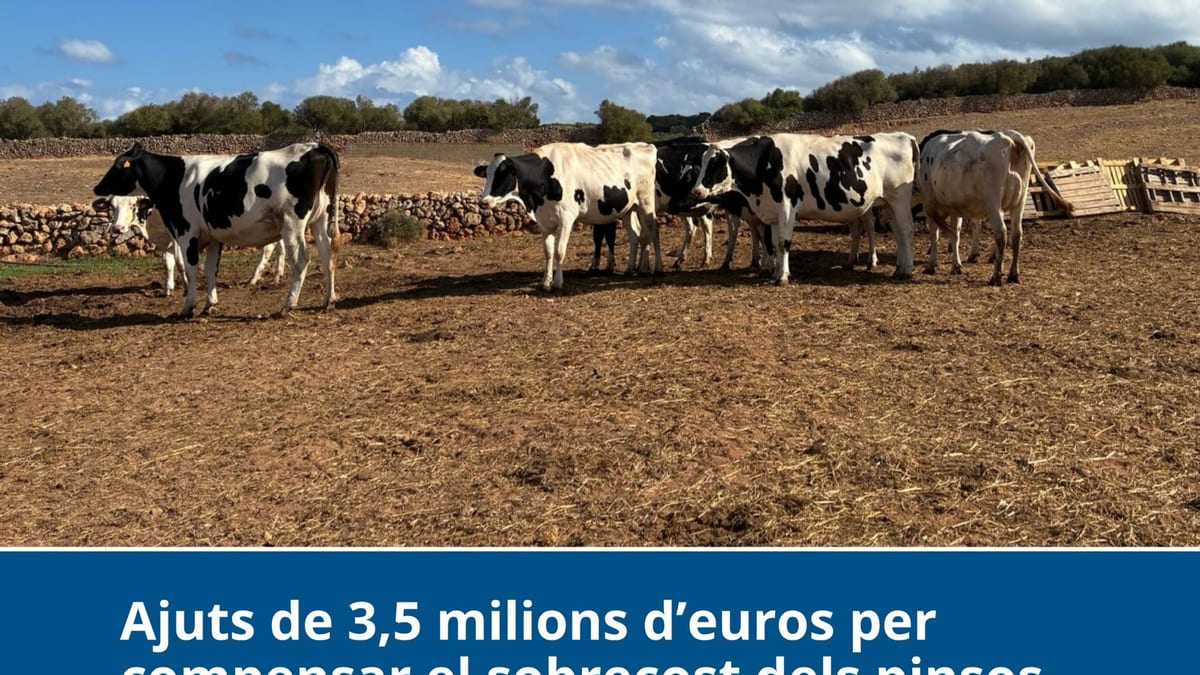 Cartel informativo sobre ayudas de 3,5 millones de euros para compensar el sobrecost de piensos en Islas Baleares