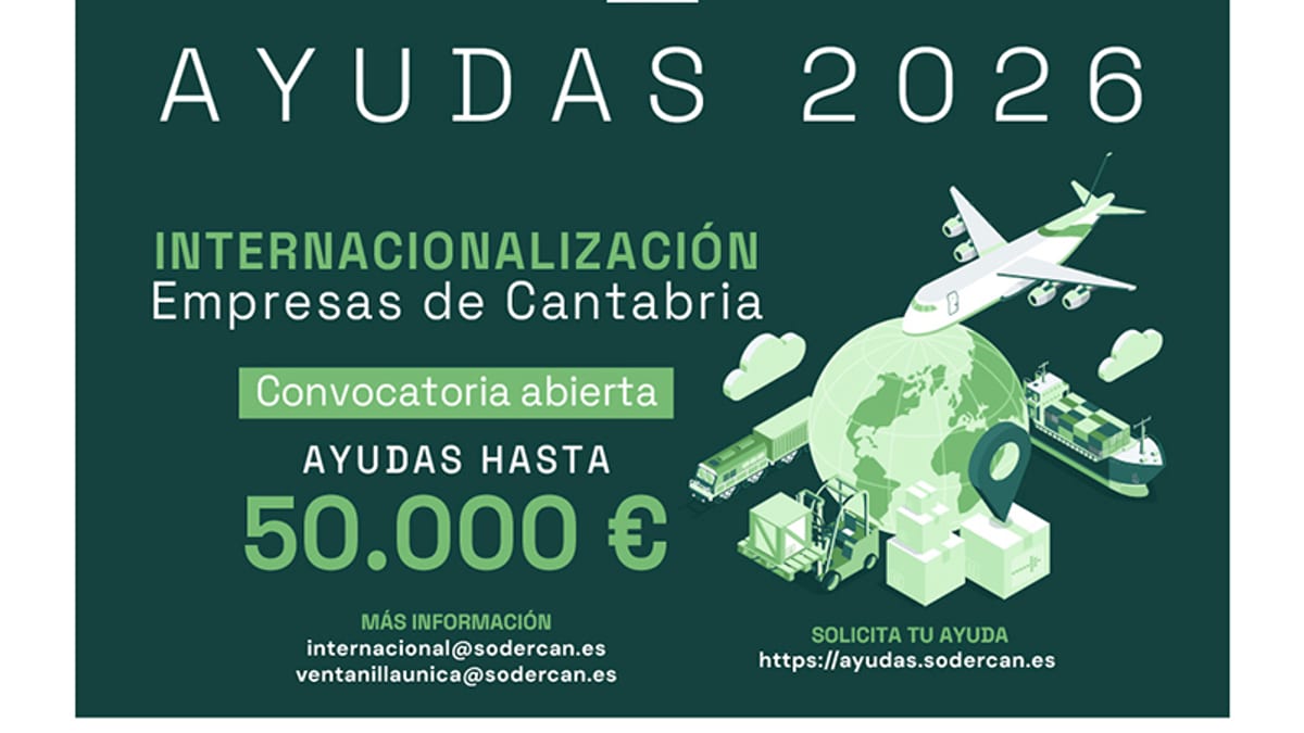Cartel informativo de ayudas para internacionalización de empresas cántabras, con logo de SODERCAN y Gobierno de Cantabria