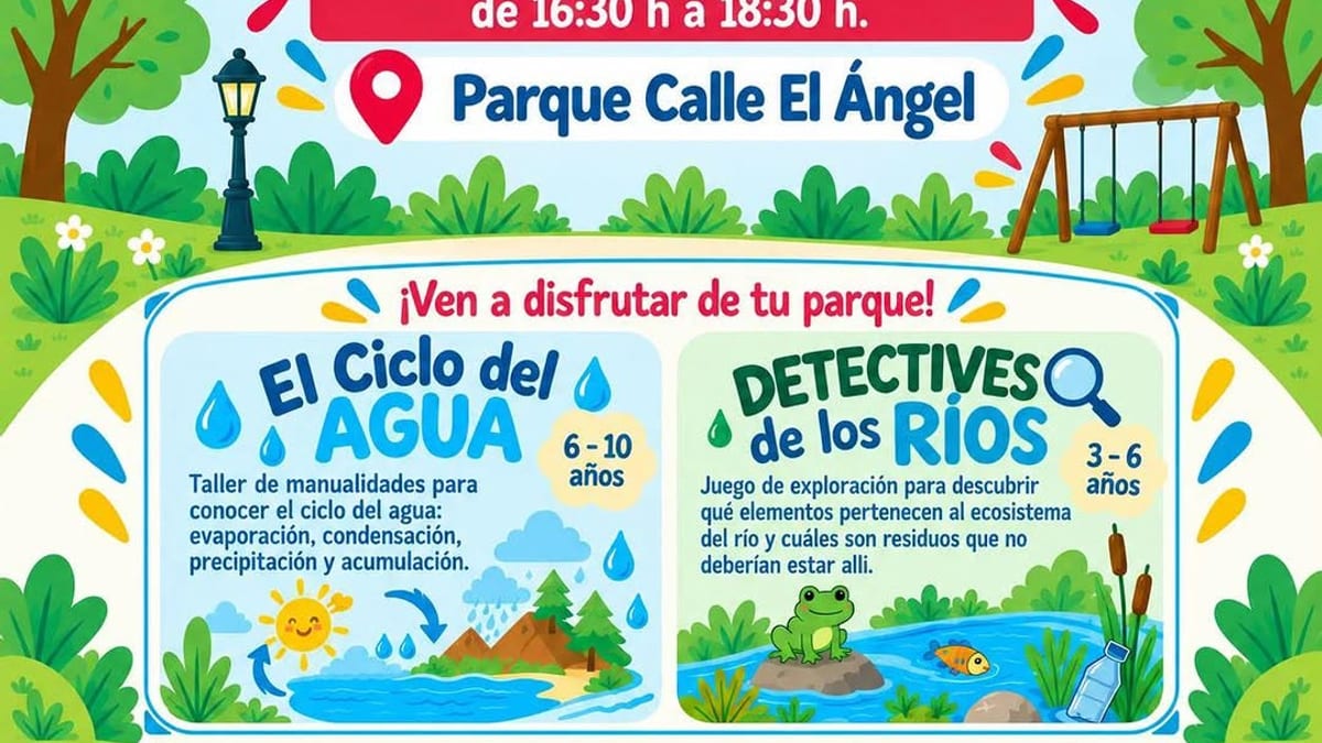 Cartel de jornadas infantiles "Disfruta tu parque" con información sobre talleres de ciclo del agua y detectives de ríos en Albacete