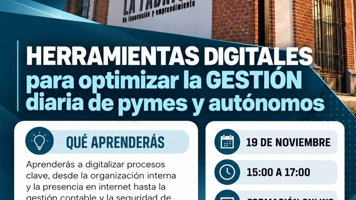 Cartel informativo de La Fábrica de Innovación y Emprendimiento del Ayuntamiento de Pinto con los detalles de la formación online en herramientas digitales