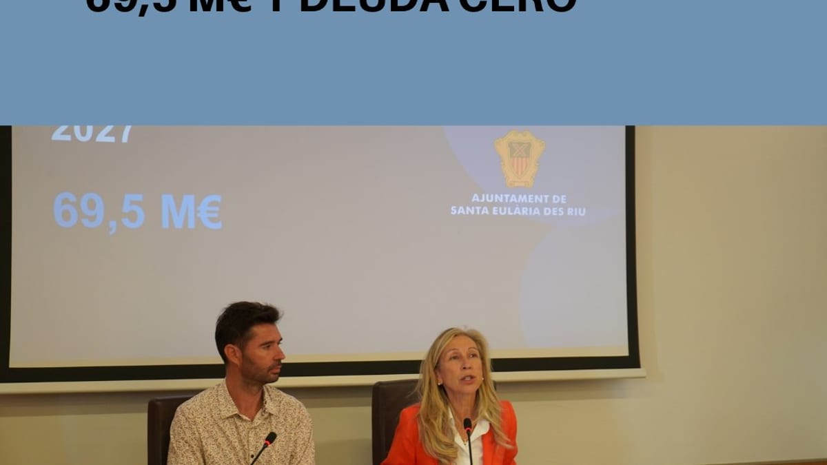 Cartel informativo del presupuesto 2027 del Ayuntamiento de Santa Eulária des Riu con cifra de 69,5 millones de euros y deuda cero