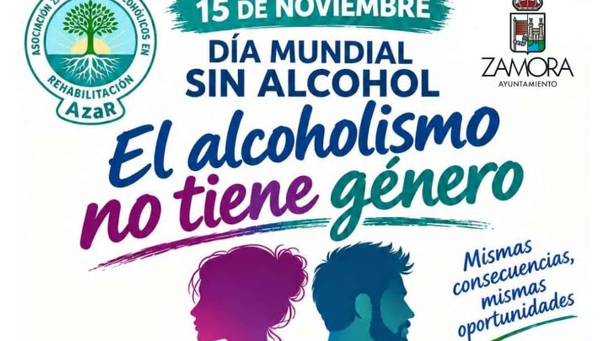 Cartel de la Asociación Zamorana de Alcohólicos en Rehabilitación (Azar) con información sobre terapia grupal abierta el 10 de noviembre y Día Mundial sin Alcohol el 15 de noviembre