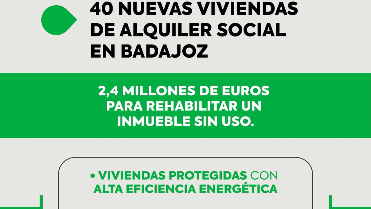 Cartel del Consejo de Gobierno de la Junta de Extremadura anunciando 40 nuevas viviendas de alquiler social en Badajoz con inversión de 2,4 millones de euros