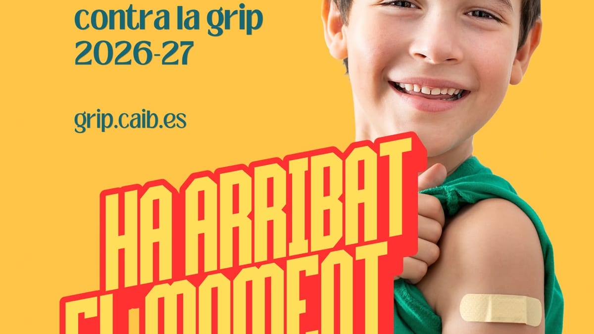 Cartel de la campaña de vacunación contra la gripe 2026-27 de las Islas Baleares con texto 'Ha llegado el momento'