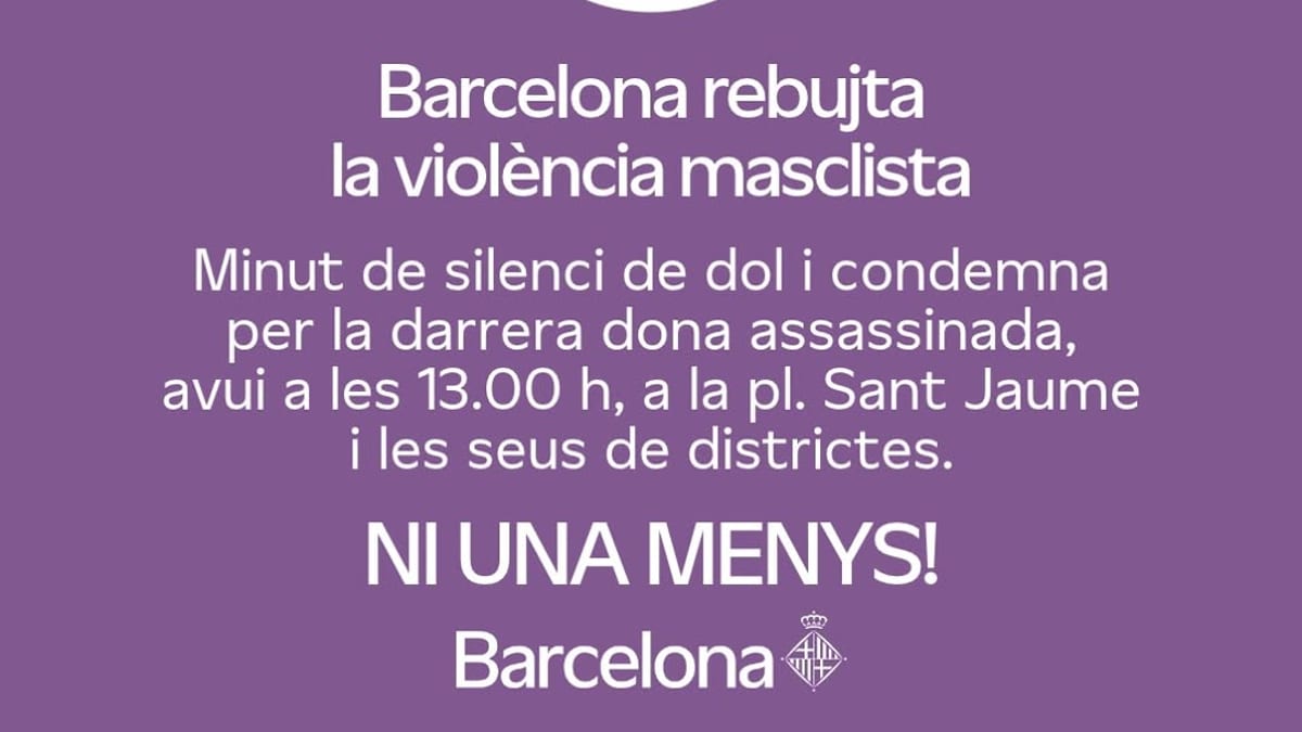 Cartel de la concentración de Barcelona contra la violencia machista con texto 'Barcelona rebujta la violència masclista' y convocatoria de minuto de silencio