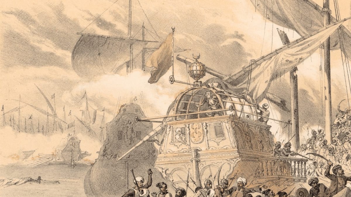 Ilustración histórica de la batalla de Lepanto mostrando galeras y galeazas en combate naval en el golfo de Patras