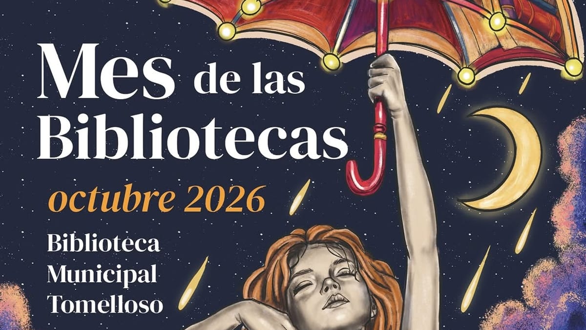 Cartel del Mes de las Bibliotecas octubre 2026 de la Biblioteca Municipal de Tomelloso y Bibliotecas Públicas de Castilla-La Mancha