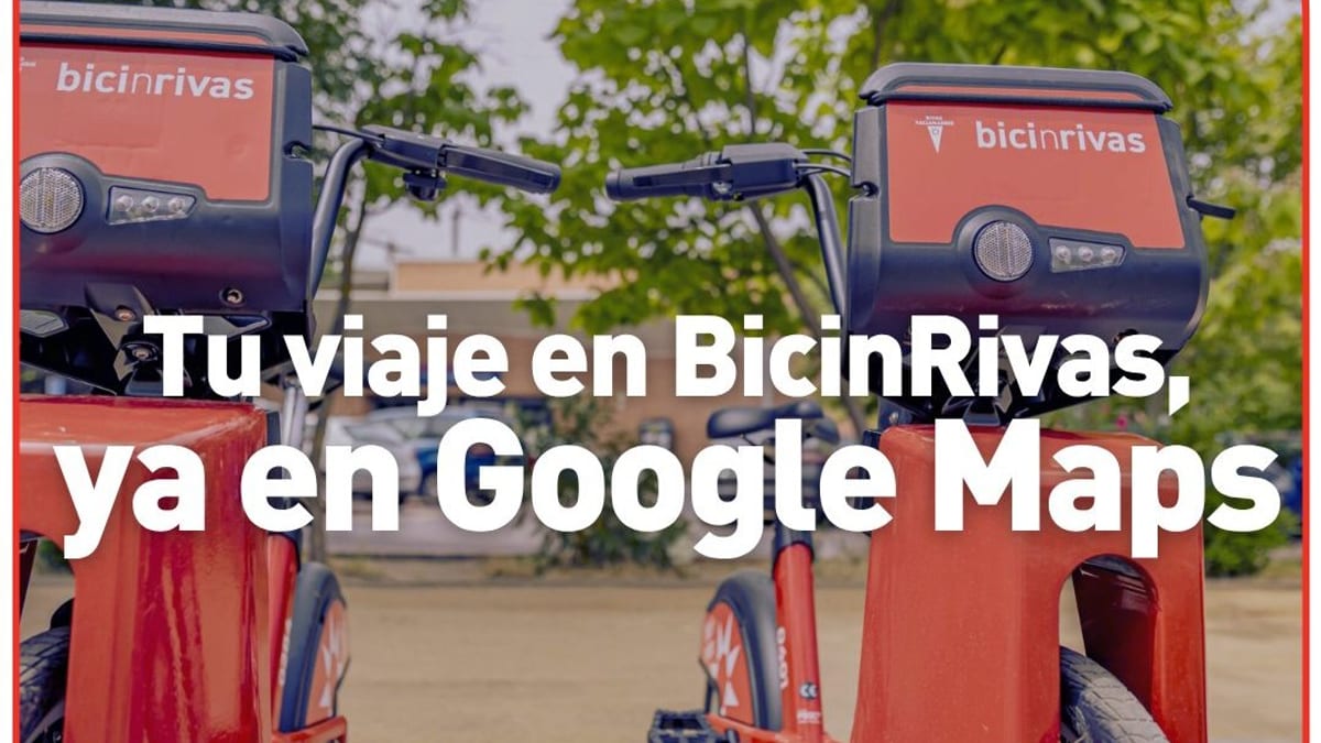 Interfaz de Google Maps mostrando la opción de planificar viajes con BicinRivas en Rivas Vaciamadrid, con opciones de búsqueda de destino y visualización de bicicletas disponibles