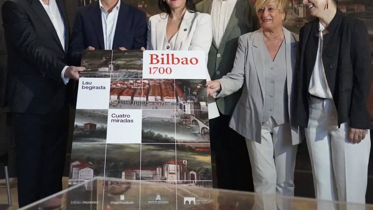 Cartel promocional de 'Bilbao 1700. Cuatro miradas' con el título en vasco y castellano, y logotipos de los museos participantes