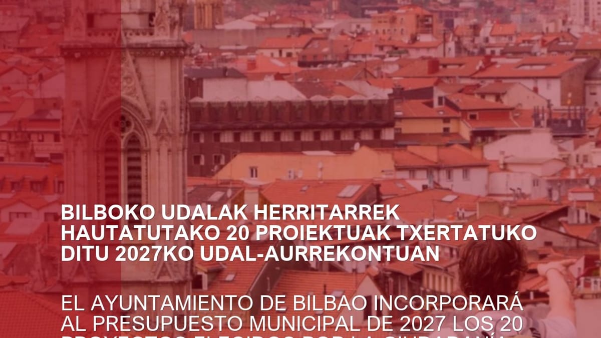 Anuncio del Ayuntamiento de Bilbao sobre la incorporación de 20 proyectos ciudadanos al presupuesto municipal de 2027