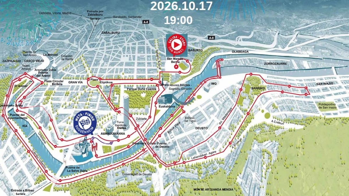 Mapa de la Bilbao Night Running Fest 2026 mostrando el recorrido de la carrera y zonas afectadas por cambios de circulación