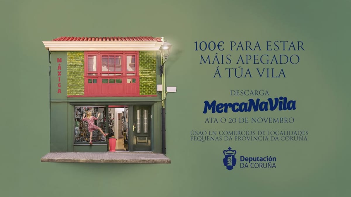 Cartel promocional del bono de 100 euros MercaNaVila de la Diputación de A Coruña con texto destacado sobre descuentos válidos hasta el 20 de noviembre