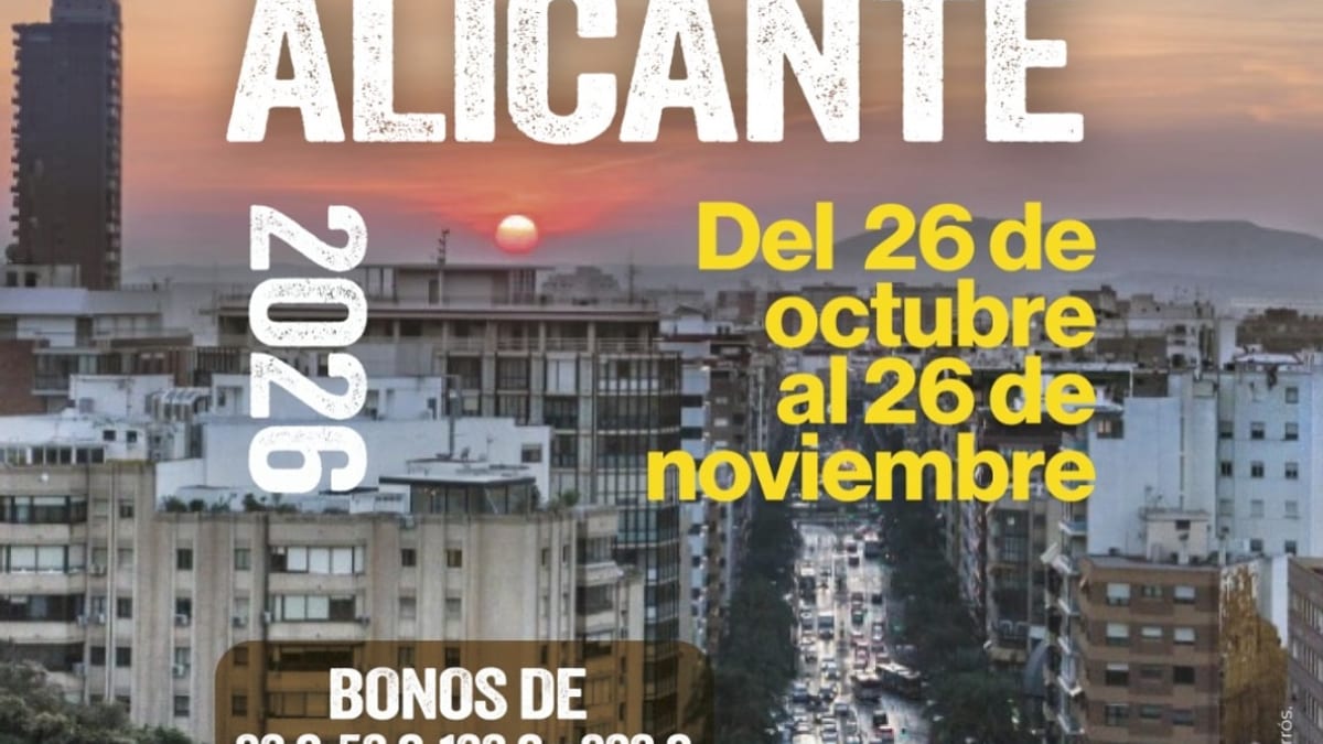 Cartel promocional Bonos Comercio Alicante 2026 con denominaciones de 20, 50, 100 y 200 euros