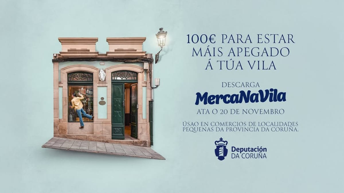 Cartel promocional de MercaNaVila con bonos de hasta 100 euros para comercios locales de A Coruña