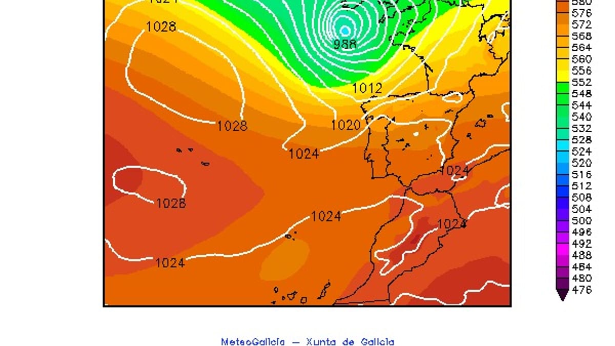 Mapa de previsión meteorolóxica da Xunta de Galicia mostrando a traxectoria da borrasca Austen con valores de presión e altitud do xeopotencial a 500 hPa