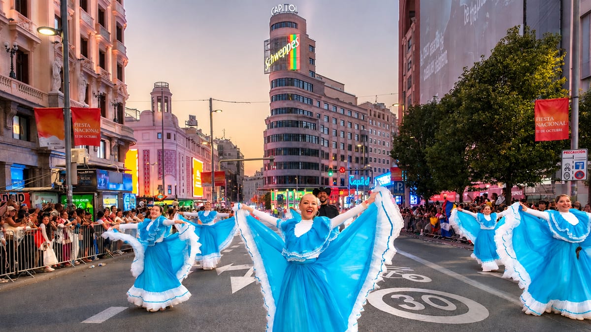 Cartel promocional de la Cabalgata de Hispanidad 2026 en Madrid con información sobre el evento