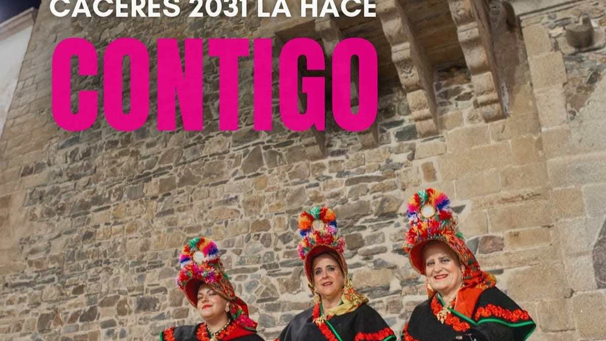 Cartel del Día de las Ciudades 2024 de Cáceres con lema 'La cultura hace ciudad - Cáceres 2031 la hace contigo'