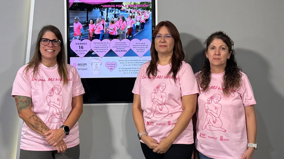 Cartel de la Gran Cadena Humana de AOCAM Santa Águeda por el Día Internacional del Cáncer de Mama en Huelva el 16 de octubre