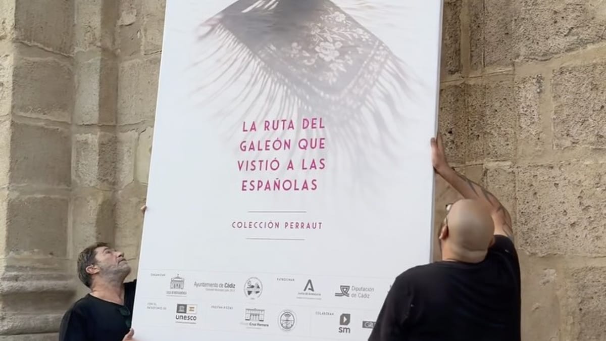Cartel promocional de la exposición «¿Dónde vas con Mantón de Manila?» en Cádiz, del 8 de octubre de 2026 al 9 de enero de 2027, presentando la Colección Perraut