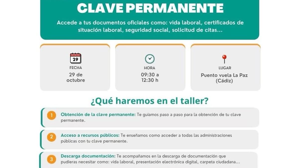 Cartel del taller de competencias digitales Cl@ve Permanente organizado por el Ayuntamiento de Cádiz, con información de fecha, hora y ubicación