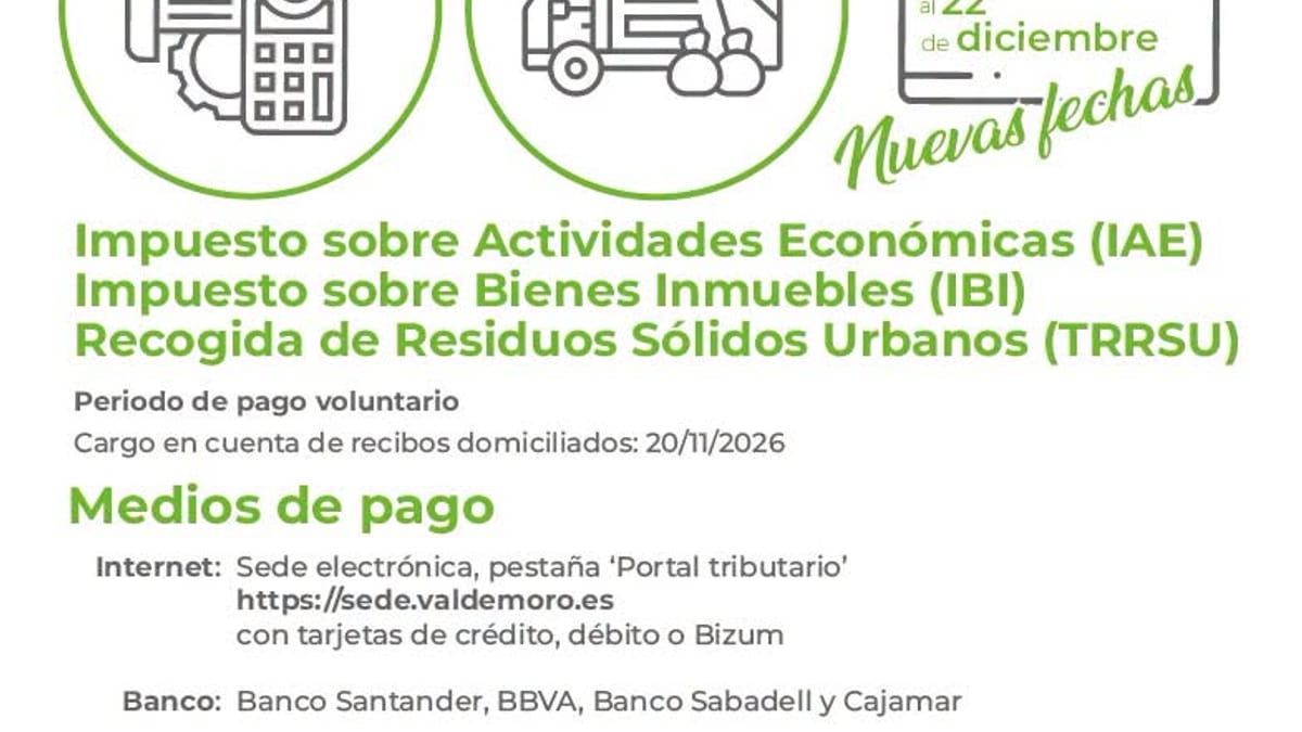 Cartel del Calendario del Contribuyente 2026 del Ayuntamiento de Valdemoro con plazos de pago e información de medios de pago