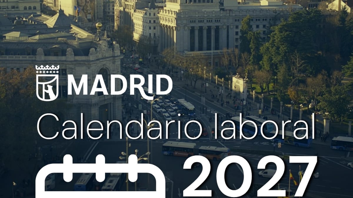Cartel del calendario laboral 2027 de Madrid con los 14 días festivos anuales